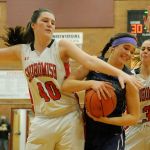 Edmonds-Woodway&rsquo;s Kendra Cooper (center) wrestles for a rebound with Snohomish&rsquo;s Courtney Perry (left) and Katie Brandvold during second-half action Tuesday in a 3A District semifinal game at Mountlake Terrace High School. (Doug Ramsay / For The Herald)