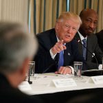 President Donald Trump speaks during a meeting with manufacturing executives at the White House on Thursday. (AP Photo/Evan Vucci)