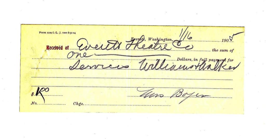 A receipt dated Jan. 16, 1905, that Luella Boyer signed for $1 per night for working as a backstage maid at the Everett Theatre. (Courtesy Everett Public Library)