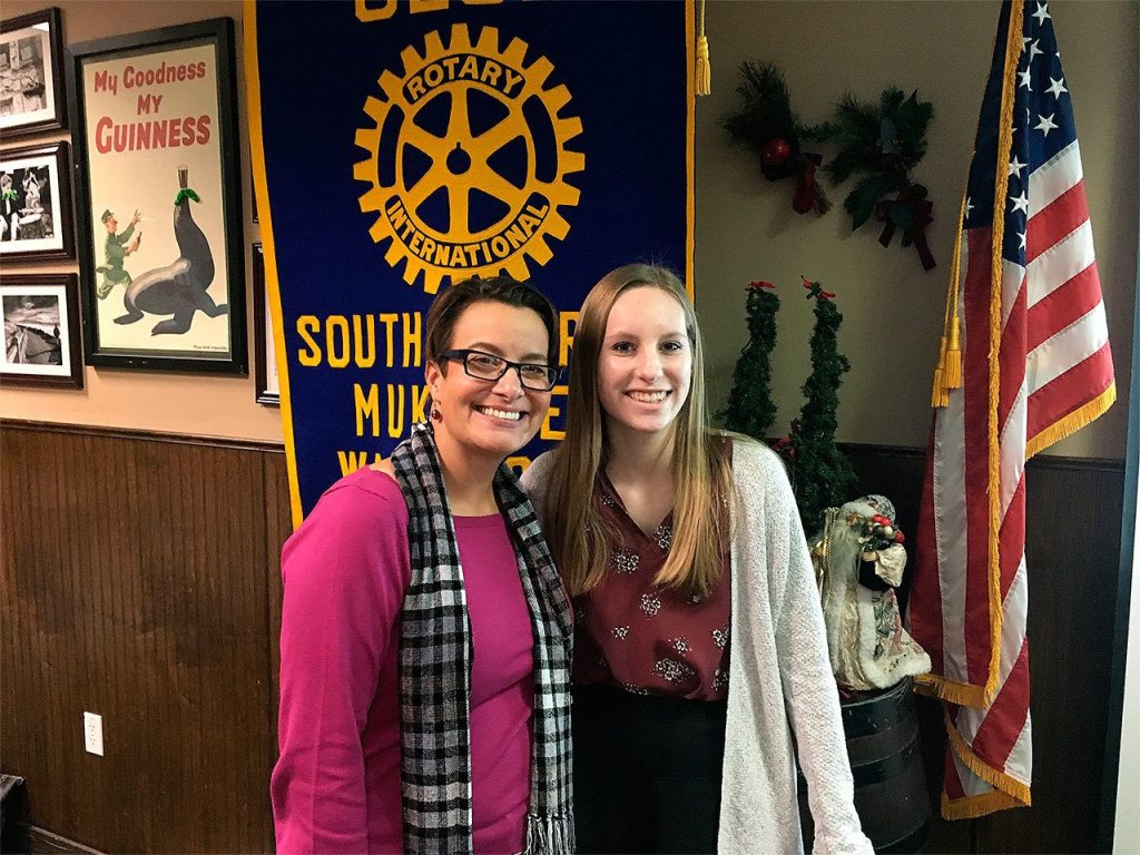 Cassie Franklin, South Everett-Mukilteo Rotary president, congratulates Student of the Month Mikayla Wood. (Contributed photo)