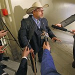 Oklahoma State Rep. Justin Humphrey talks to reporters following a Public Health Committee at the State Capitol in Oklahoma City on Tuesday, Feb. 14. Humphrey submitted House Bill 1441 requiring permission from the father before a woman gets an abortion. (Steve Gooch//The Oklahoman via AP)