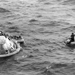 In this July 24, 1969 photo, the Apollo 11 command module lands in the Pacific Ocean and the crew waits to be picked up by U.S. Navy personnel after an eight day mission to the moon. The Apollo 11 command module, which travelled more than 950,000 miles to take Americans to the moon and back in 1969, is going on a road trip, leaving the Smithsonian for the first time in more than four decades. (AP Photo, File)