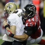 Falcons outside linebacker Vic Beasley (44) sacks Saints quarterback Drew Brees (9) during the first half of a game Jan. 1 in Atlanta. (AP Photo/David Goldman)