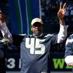 Former Seahawks safety Kenny Easley (45) is recognized during a halftime celebration on Sept. 27, 2015, in Seattle. Easley was elected to the Pro Football Hall of Fame on Saturday as a senior nominee. (AP Photo/John Froschauer)