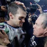Patriots quarterback Tom Brady celebrates with head coach Bill Belichick after beating the Seahawks in Super Bowl XLIX on Feb. 1, 2015, in Glendale, Ariz. (AP Photo/Matt Slocum)