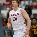 Washington State forward, and Shorewood alum, Josh Hawkinson (24) reacts after a play against Arizona State in the second half of a game Feb. 18, 2017, in Pullman. Hawkinson scored 14 points and pulled down 15 rebounds as Washington State beat Arizona State 86-71. (AP Photo/Ted S. Warren)