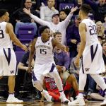 Washington&rsquo;s Noah Dickerson (15) reacts after being called for a foul against Arizona during the second half of a game Feb. 18, 2017, in Seattle. Arizona won 76-68. (AP Photo/Elaine Thompson)
