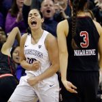 Washington&rsquo;s Kelsey Plum reacts after scoring against Utah in the second half of a game Feb. 25, 2017, in Seattle. Plum surpassed Jackie Stiles to become the NCAA&rsquo;s all-time scoring leader with a career-best 57 points in the final regular season game of her career. (AP Photo/Elaine Thompson)
