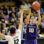 Washington guard Kelsey Plum (10) scored 28 points Sunday in the Huskies&rsquo; 79-75 win over Colorado in Boulder, Colorado. (Jeremy Papasso/Daily Camera via AP)