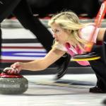 Cristin Clark delivers a stone against Team Bear Sunday night during the 2017 USA Curling Nationals at Xfinity Arena in Everett on February 12, 2017. (Kevin Clark / The Herald)