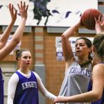 Kamiak&rsquo;s Sarah Payne (second from right) looks to pass with teammates Hunter Beirne (left), Alex Gallaher (second from left) and Karsen Alexander defending during practice on Feb. 23, 2017, at Kamiak High School in Mukilteo. (Kevin Clark / The Herald)