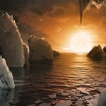 This image shows an artist&rsquo;s conception of what the surface of the exoplanet TRAPPIST-1f may look like, based on available data about its diameter, mass and distances from the host star. (NASA/JPL-Caltech via AP)