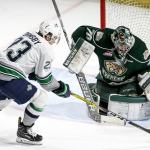 Seattle&rsquo;s Luke Ormsby scores past Everett&rsquo;s Carter Hart in the first period of play Sunday night at the ShoWare Center in Kent on February 26, 2017. (Kevin Clark / The Herald)