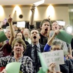People shout to Rep. Jason Chaffetz during his town hall meeting at Brighton High School on Thursday, Feb. 9, in Cottonwood Heights, Utah. (AP Photo/Rick Bowmer)