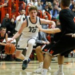 Glacier Peak&rsquo;s Seiver Southard (10) drives to the hoop during the Class 4A District 1 boys basketball championship game against Monroe at Everett Community College on Thursday, Feb. 16. (Ian Terry / The Herald)