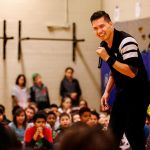 Entertaining, inspirational and informative at the same time, breakdancer Jerome Aparis focuses on the students Feb. 3 at Emerson Elementary School. (Dan Bates / The Herald)