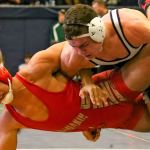 Zach Borisch of Kamiakin wrestles Meadowdale&rsquo;s Liam Ball on the second day of the 3A regional wrestling tournament Saturday afternoon at Everett High School. (Kevin Clark / The Herald)
