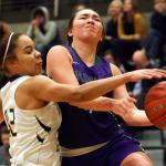 Marysville Getchell&rsquo;s Oshinaye Taylor (left) knock the ball loose from Edmonds-Woodway&rsquo;s Maddie McMahon during a game Feb. 8, 2017, at Marysville Getchell. Edmonds-Woodway won 53-48. (Kevin Clark / The Herald)