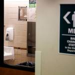 Large windows were installed on restroom doors at the Everett Public Library for added safety. (Kevin Clark / The Herald)
