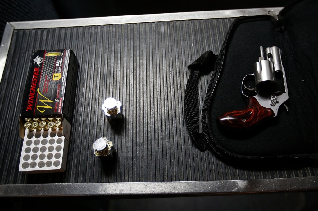 A revolver belonging to Jessica Belmont, of Woodinville, is seen following target practice at the Norpoint Shooting Center in Arlington on Saturday, Feb. 4. (Ian Terry / The Herald)