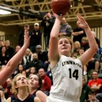 Lynnwood&rsquo;s Kelsey Rogers attempts a shot against Mt. Spokane during a regional playoff game on Feb. 25, 2017, at Bothell High School. Lynnwood won 57-46. (Kevin Clark / The Herald)