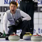 Skip Pete Fenson shouts instructions Sunday afternoon during the 2017 USA Curling Nationals at Xfinity Arena in Everett. (Kevin Clark / The Herald)