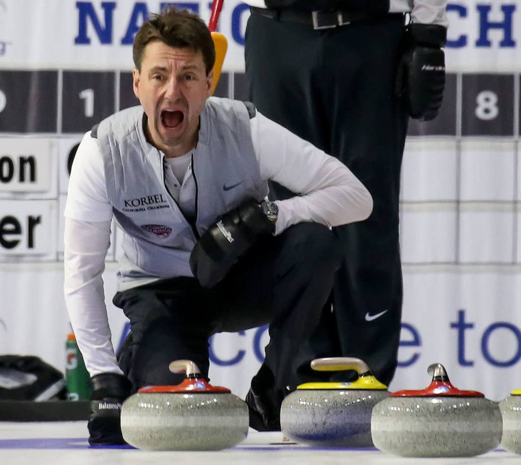 Skip Pete Fenson shouts instructions Sunday afternoon during the 2017 USA Curling Nationals at Xfinity Arena in Everett. (Kevin Clark / The Herald)