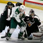 Everett&rsquo;s Patrick Bajkov (middle) is jammed up on a shot with Vancouver&rsquo;s Marcus Kichton (left) and goalie Ryan Kubic defending Saturday night at Xfinity Arena in Everett. (Kevin Clark / The Herald)