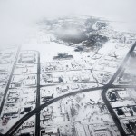 The snowy streets of Moses Lake are seen from a Honeywell test plane on Thursday, Feb. 9. (Ian Terry / The Herald)