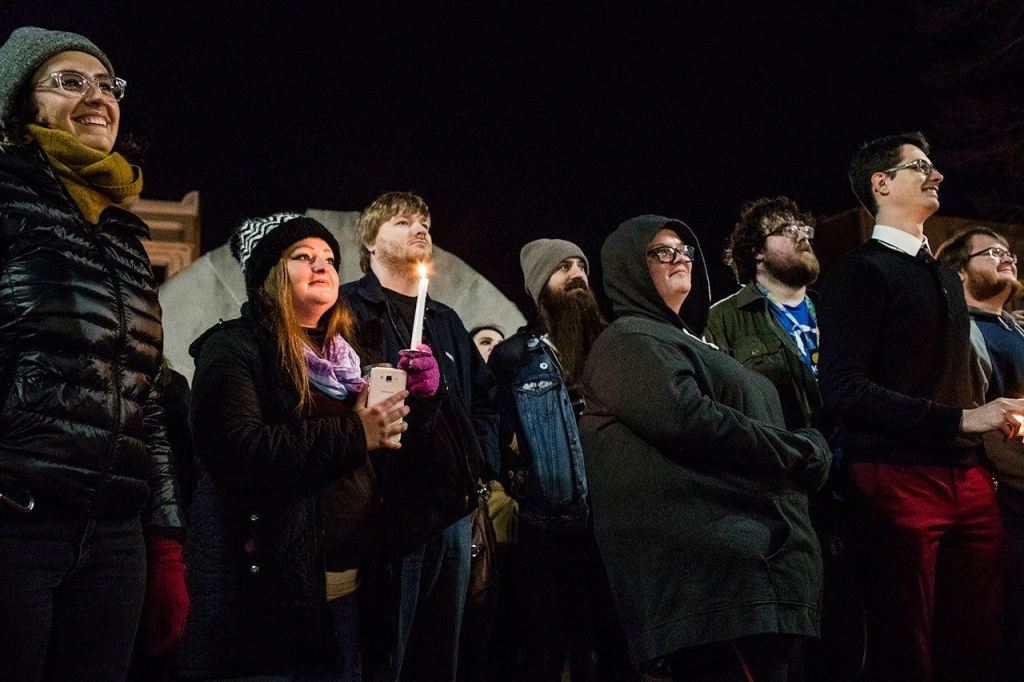 People come together for a Bowling Green &ldquo;massacre&rdquo; remembrance gathering Friday at Fountain Square Park in Bowling Green, Kentucky. The &ldquo;massacre&rdquo; that never happened has Bowling Green in the national news again &mdash; something that has not happened since a sinkhole swallowed several prized Corvettes at a museum. (Austin Anthony / Daily News)