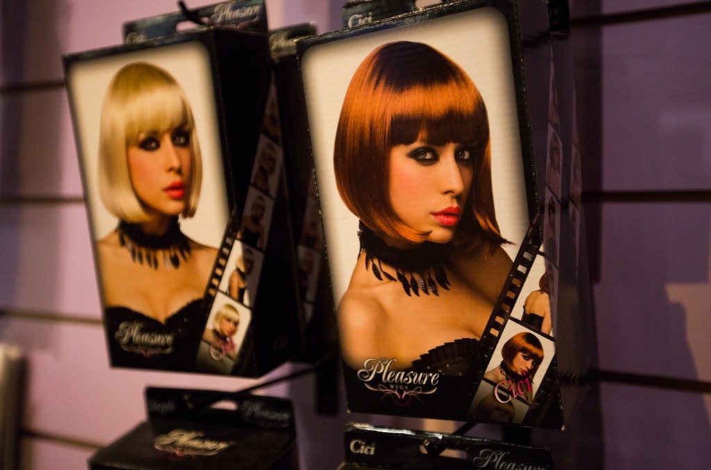 The &ldquo;Cici&rdquo; wig for sale at Lovers on Tuesday, Feb. 7 in Everett, Wa. Lovers is a popular place for Halloween costumes. (Daniella Beccaria / The Herald)