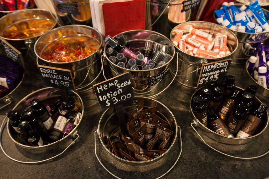 Grab-bag items including lotions, oils, chapstick and candy at Lovers on Tuesday, Feb. 7 in Everett, Wa. Lovers offers lingerie, sex toys, accessories and many more items geared toward sexual wellness and expression. (Daniella Beccaria / The Herald)