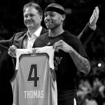 Charles Krupa / Associated Press                                Celtics guard Isaiah Thomas (4) holds up his NBA All-Star jersey prior to the first quarter of a game against the 76ers in Boston, Wednesday. At rear is Celtics co-owner Steve Pagliuca.