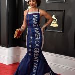 Joy Villa wears a gown that says &ldquo;Make America Great Again&rdquo; at the 59th annual Grammy Awards at the Staples Center on Sunday. (Associated Press)