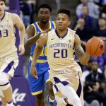 Washington&rsquo;s Markelle Fultz (20) drives up the court against UCLA during their Pac-12 game Feb. 4 in Seattle. (AP Photo/Elaine Thompson)