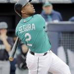Seattle&rsquo;s Jean Segura bats during the second inning of a spring training game Feb. 27 in Peoria, Ariz.                                Charlie Riedel / Associated Press