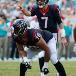 Houston Texans quarterback Brian Hoyer makes a call behind guard Oday Aboushi during the first half of an Oct. 25, 2015 game in Miami Gardens, Fla. (AP Photo/Wilfredo Lee)