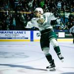 Silvertips defenseman Kevin Davis celebrates his goal in the first period of Game 1 of the team&rsquo;s opening-round playoff series against the Royals on March 24, 2017, at Xfinity Arena in Everett. (Ian Terry / The Herald)