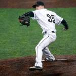 Lynnwood&rsquo;s Jared Whitman delivers a pitch during a game against Snohomish on March 28, 2017, at Mountlake Terrace High School. (Ian Terry / The Herald)