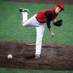 Snohomish&rsquo;s Kyle Sandifer delivers a pitch during a game against Lynnwood on march 28, 2017, at Mountlake Terrace High School. (Ian Terry / The Herald)