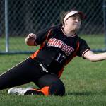 Monroe&rsquo;s Hanna Hvitved makes a diving catch in the outfield during a game against Jackson on March 31, 2017, at Jackson High School. (Ian Terry / The Herald)