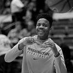 Washington guard Markelle Fultz, who is out with a sore knee, has the ball passed to him before an NCAA college basketball game against Washington State in Pullman, Wash., Sunday, Feb. 26, 2017. (AP Photo/Young Kwak)