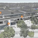A drawing of the planned Lynnwood Link Light Rail station. [1] Bike racks; [2] parking garage; [3] station entrance; [4] elevator; [5] elevated platform. (Sound Transit)