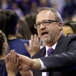 Washington women&rsquo;s basketball coach Mike Neighbors interacts with Montana State players following Saturday&rsquo;s first-round NCAA Tournament game. (AP Photo/Elaine Thompson)