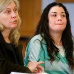 Snohomish County public defender Jennifer McIntyre discusses details of sentencing Thursday with Superior Court Judge Linda Krese as Gabrielle Waller listens.Waller will have 13 months remaining on her 20-month sentence when she returns to jail for selling heroin to Ian Digre. She refusedthe opportunity to speak to his family. (Dan Bates / The Herald)
