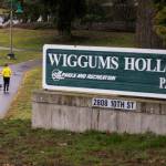 Two women walk dogs at Wiggum&rsquo;s Hollow Park, named for Arnie Wiggum, on Friday n Everett. A character on the animated TV show &ldquo;The Simpsons&rdquo; is also named for the Everett native. (Andy Bronson / The Herald)