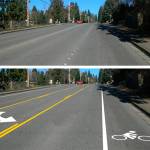 Edmonds will reconfigure 76th Avenue W as part of a project to improve the intersection with 212th Street SW. The top image shows the current road. The bottom image shows the plan for new striping. Four lanes will be reduced to three, with the addition of a center turn lane and bike lanes. (City of Edmonds photo and graphic)