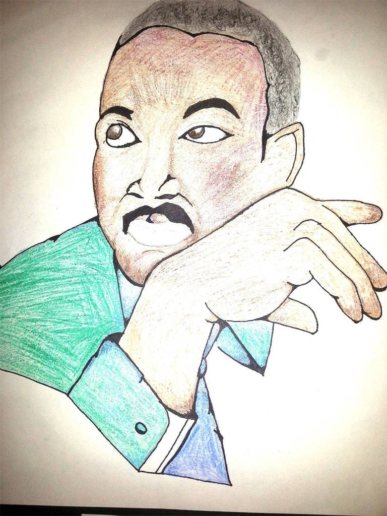 This drawing of Martin Luther King Jr. by Emily Konch, of James Monroe ELementary School in Everett, was a first-place winner in the 2017 Prodigies for Peace art contest. (Contributed)
