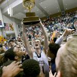 Mount St. Mary&rsquo;s forward Will Miller (center) celebrates with teammates after beating St. Francis 71-61 in the NCAA college basketball Northeast Conference Tournament championship, in Emmitsburg, Maryland, last Tuesday to earn a berth in the NCAA Tournament. All of the games will be available online. (AP Photo/Steve Ruark, File)