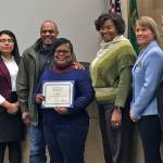 Snohomish County Branch NAACP awarded its President&rsquo;s Award to Jackson High School teacher Rose Smith (center). Smith accepted the honor with her husband Tony (behind her) from the Everett School Board and Superintendent Gary Cohn (far left) at the Board&rsquo;s March 7 meeting. (Contributed photo)